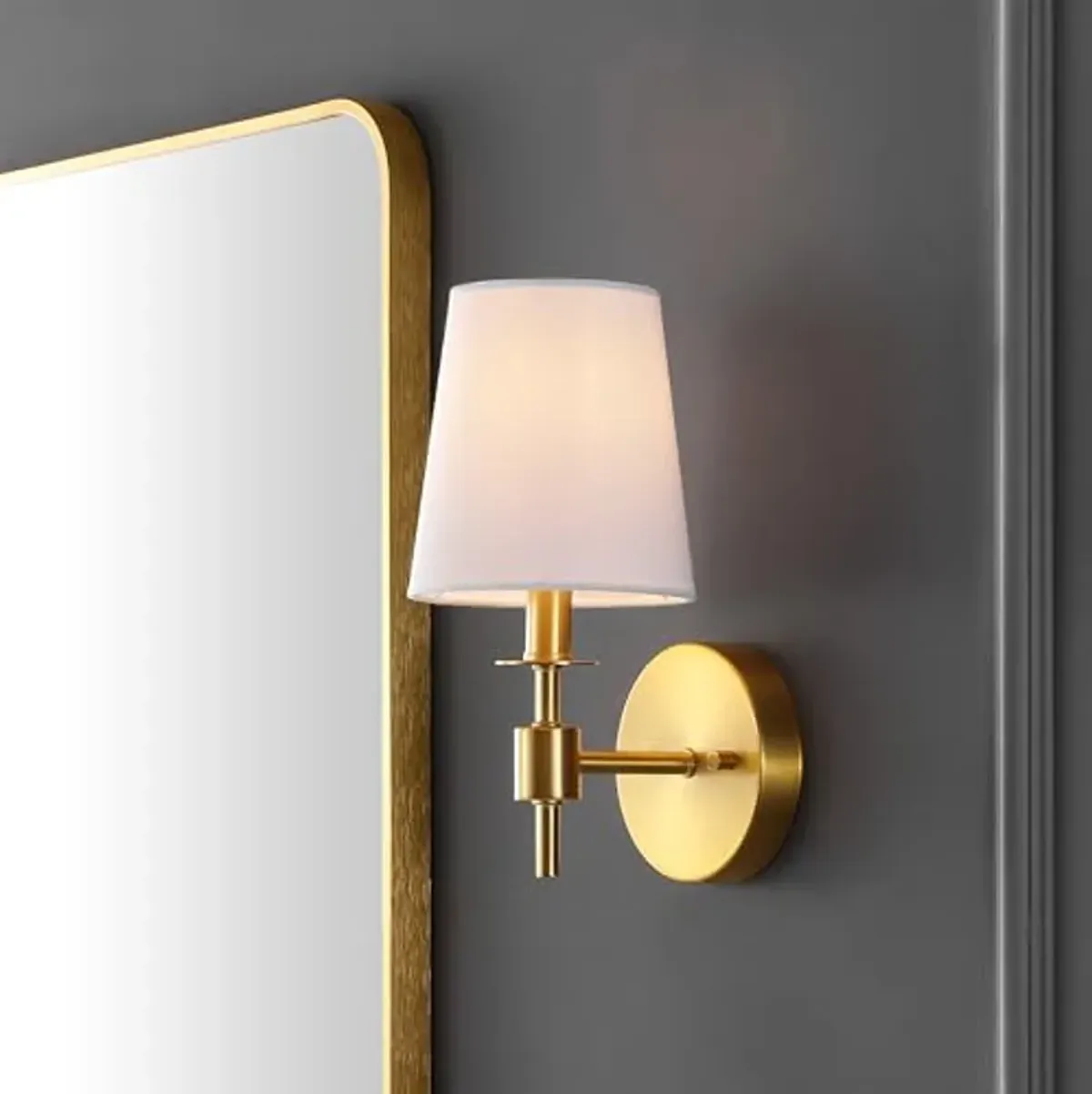 SAFAVIEH Lighting Collection Dalany Brass Wall Sconce Set of 2 Light Fixture, with White Shade Ideal for Bathroom, Entryway, Vanity, Foyer, Hallway, Living Room (LED Bulbs Included)