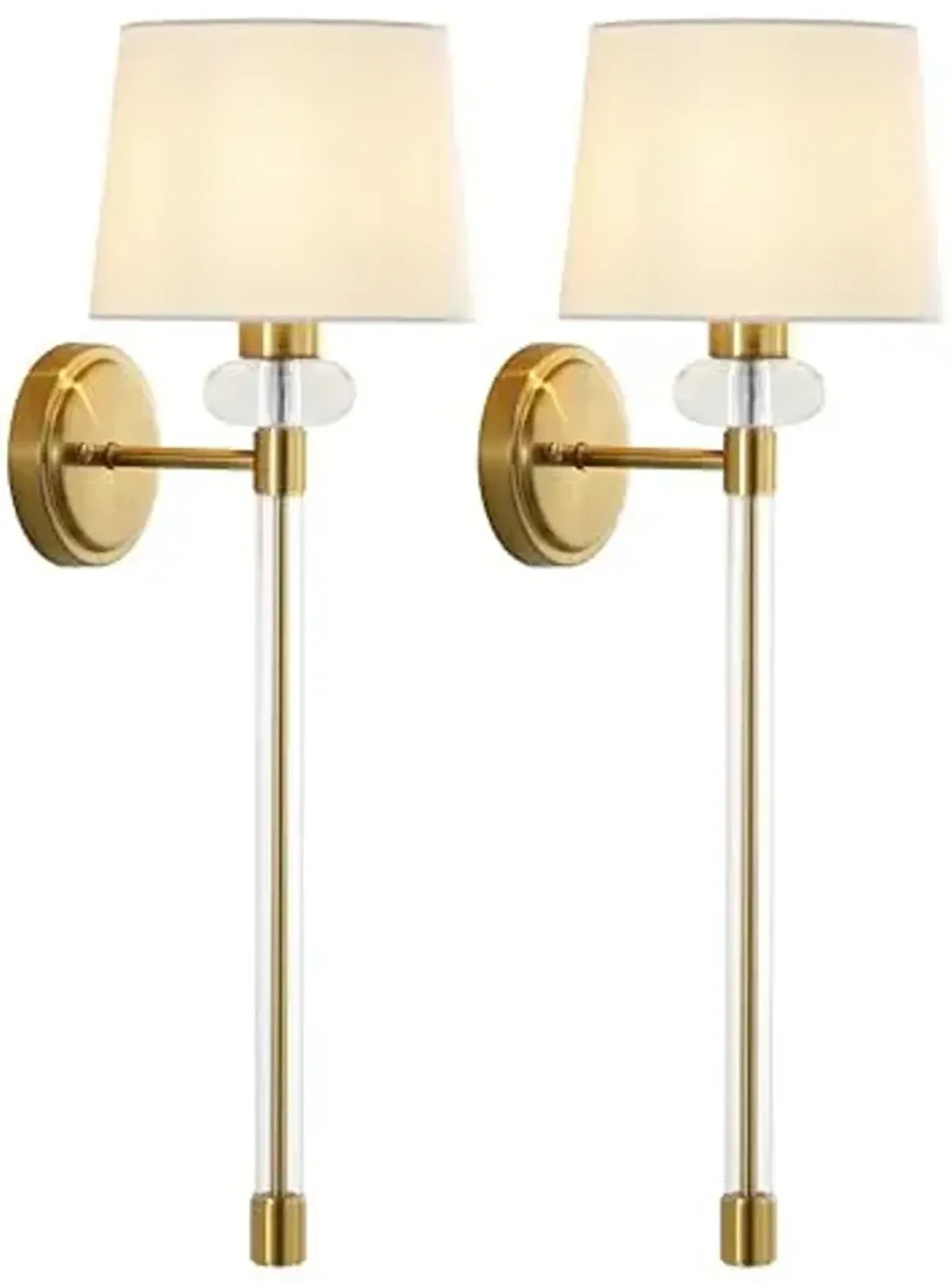 SAFAVIEH Lighting Collection Athene Brass/Clear Vertical Wall Sconce Set of 2 Light Fixture, with White Shade Ideal for Bathroom, Entryway, Vanity, Foyer, Hallway, Living Room (LED Bulbs Included)