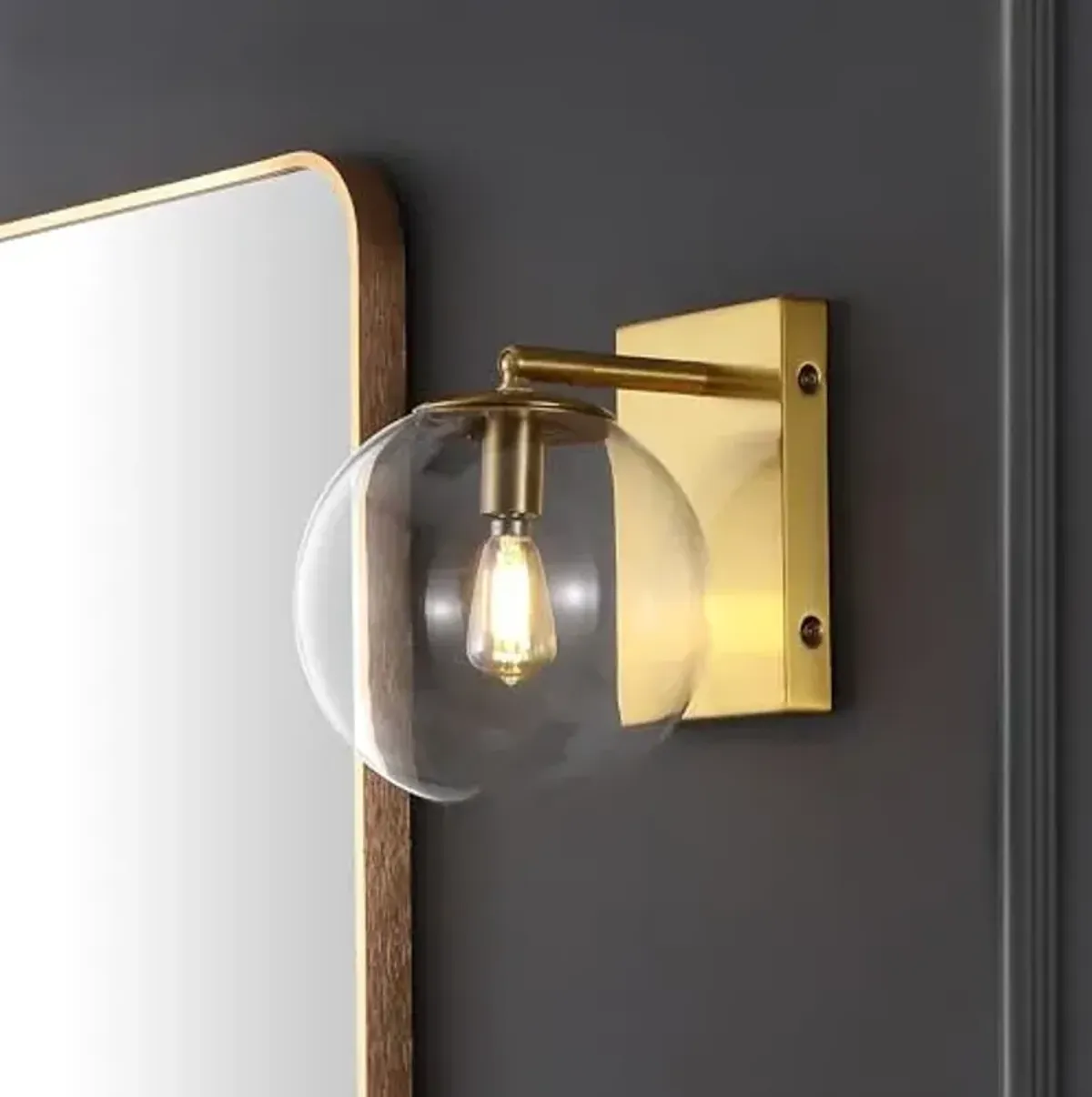 SAFAVIEH Lighting Collection Seoul Modern Gold/Clear Glass Globe Shade Wall Sconce Set of 2 Light Fixture, Ideal for Bathroom, Entryway, Vanity, Foyer, Hallway, Living Room (LED Bulbs Included)