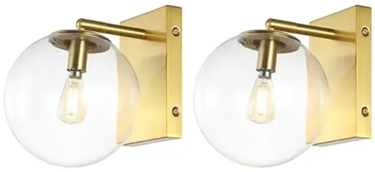 SAFAVIEH Lighting Collection Seoul Modern Gold/Clear Glass Globe Shade Wall Sconce Set of 2 Light Fixture, Ideal for Bathroom, Entryway, Vanity, Foyer, Hallway, Living Room (LED Bulbs Included)