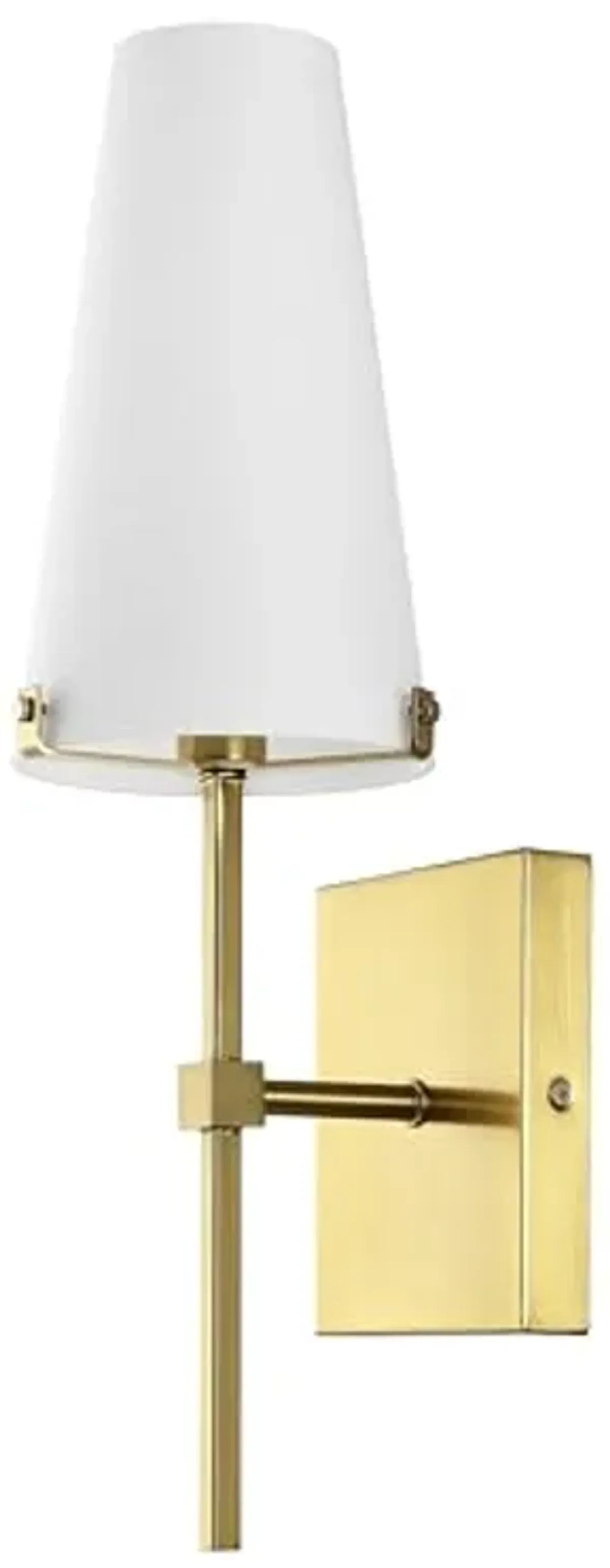 SAFAVIEH Lighting Collection Nanda Brass/White Shade Wall Sconce Light Fixture, Ideal for Bathroom, Entryway, Vanity, Foyer, Hallway, Living Room (LED Bulb Included)