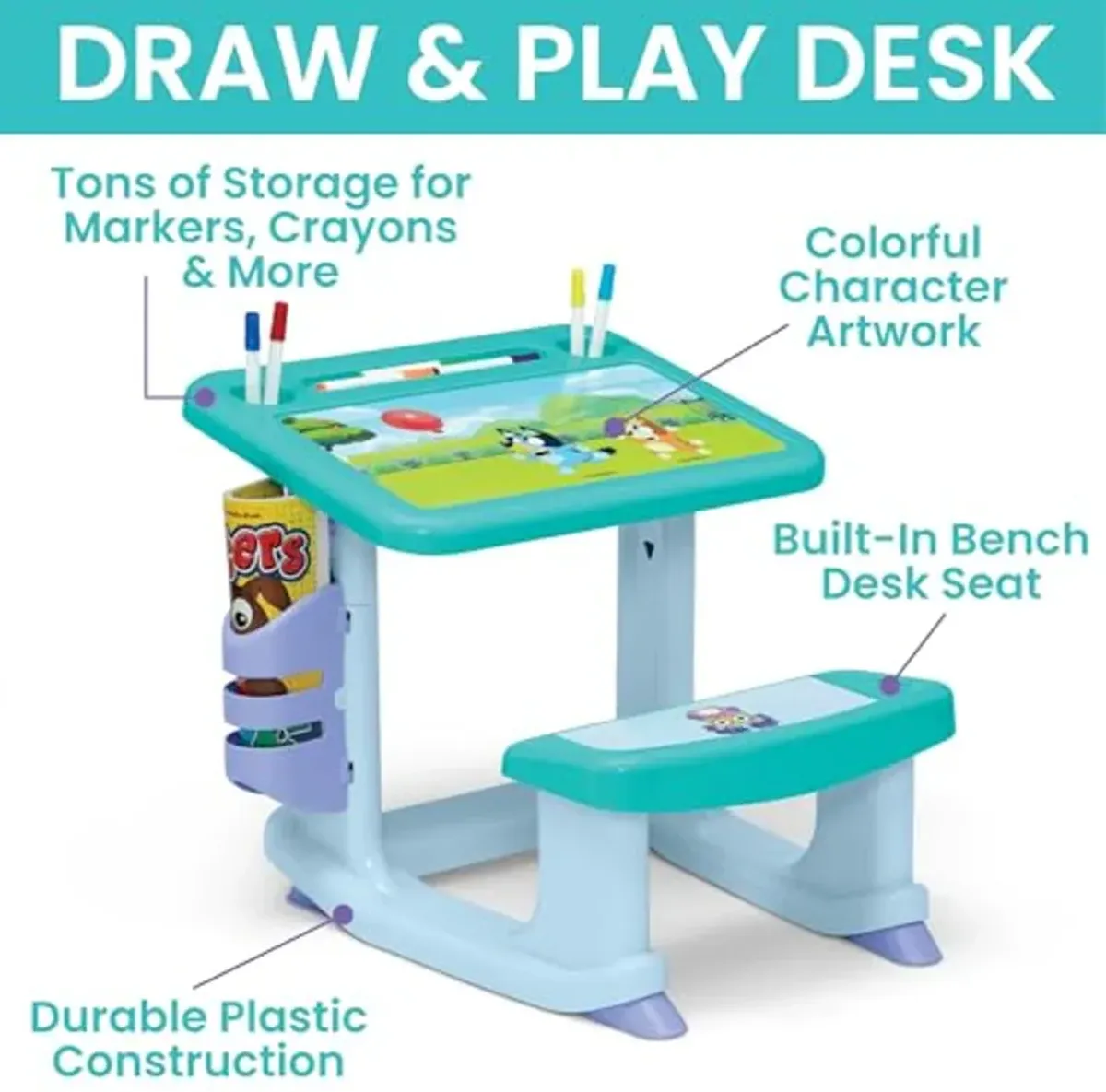 Bluey Draw and Play Desk by Delta Children – Includes 10 Markers and Coloring Book, Blue