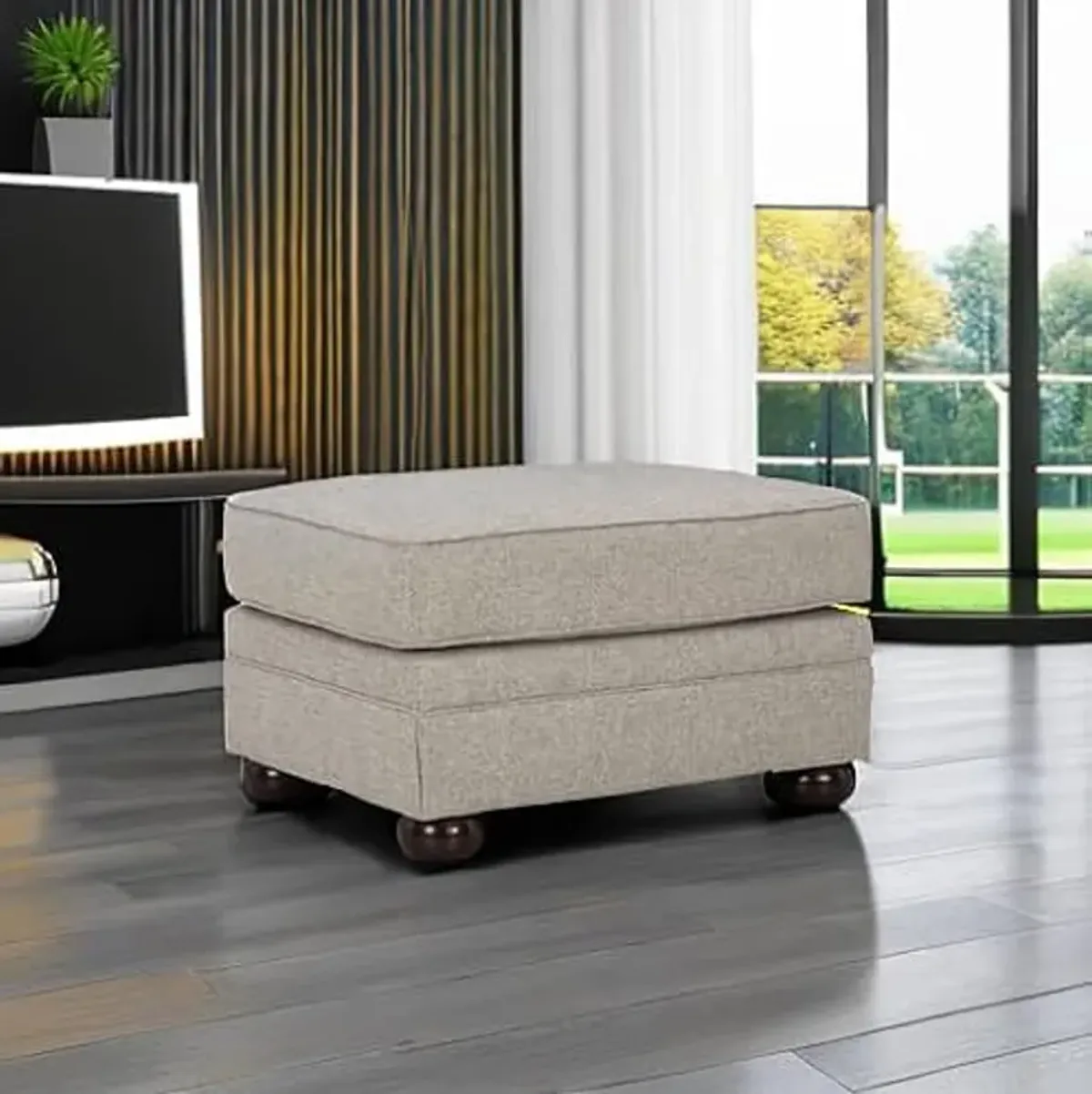 Signature Design by Ashley Gaelon Transitional Rectangular Upholstered Ottoman with Bun Legs, Light Brown