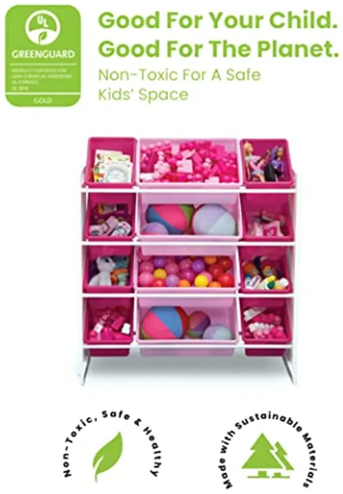 Delta Children Kids Toy Storage Organizer with 12 Plastic Bins - Greenguard Gold Certified, White/Pink & Deluxe Multi-Bin Toy Organizer with Storage Bins - Greenguard Gold Certified, White/Pink Bins