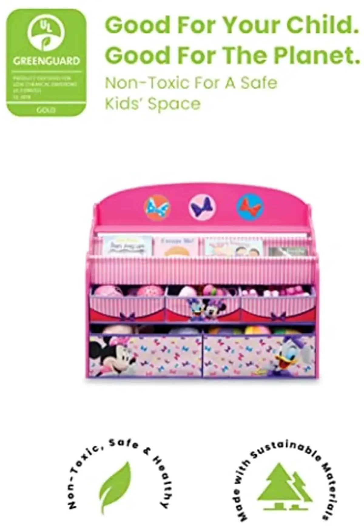 Delta Children Deluxe Book & Toy Organizer - Greenguard Gold Certified, Disney Minnie Mouse & Deluxe Toy Box, Disney Minnie Mouse