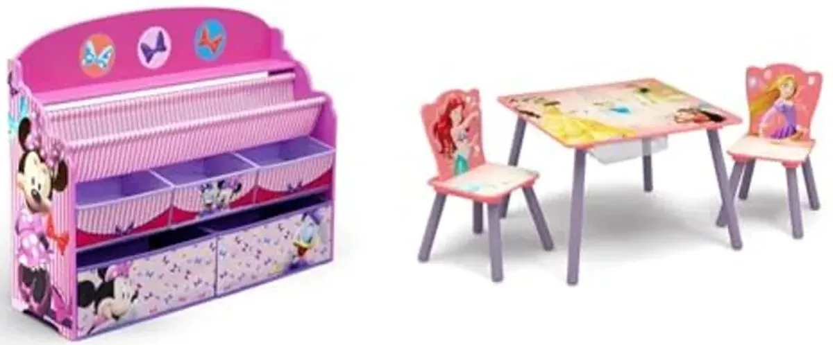 Delta Children Deluxe Book & Toy Organizer - Greenguard Gold Certified, Disney Minnie Mouse & Kids Table and Chair Set with Storage (2 Chairs Included) - Ideal for Arts & Crafts