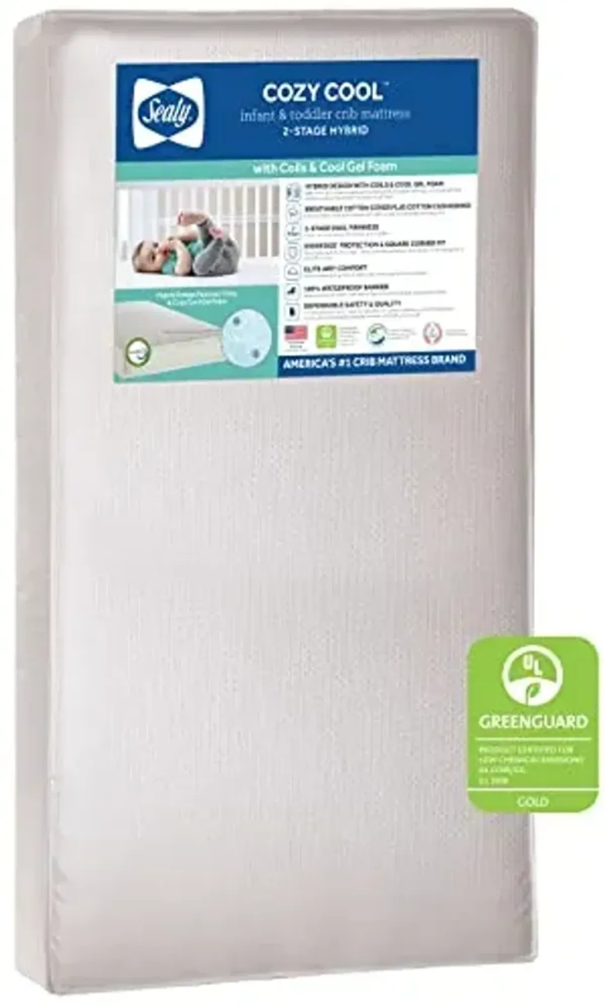 SEALY Cozy Cool 2-Stage Dual Firmness Waterproof Crib & Toddler Bed Mattress, 2-Pack Waterproof Fitted Crib & Toddler Bed Mattress Pad Cover Protector, Noiseless