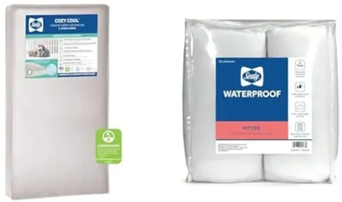 SEALY Cozy Cool 2-Stage Dual Firmness Waterproof Crib & Toddler Bed Mattress, 2-Pack Waterproof Fitted Crib & Toddler Bed Mattress Pad Cover Protector, Noiseless