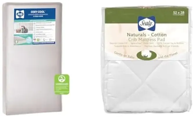 SEALY Cozy Cool 2-Stage Dual Firmness Waterproof Baby Crib Mattress & Toddler Bed Mattress & Naturals Cotton Waterproof Fitted Toddler Bed and Baby Crib Mattress Pad Cover Protector