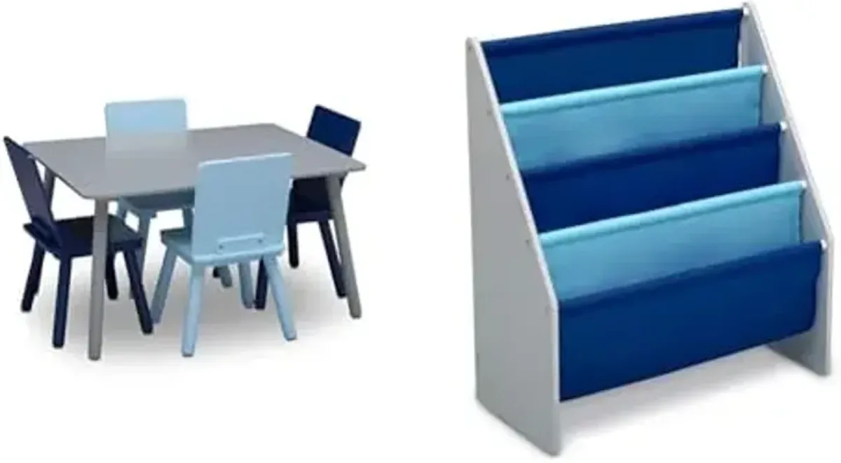 Delta Children Kids Table and Chair Set (4 Chairs Included) & Sling Book Rack Bookshelf for Kids - Easy-to-Reach Storage for Books