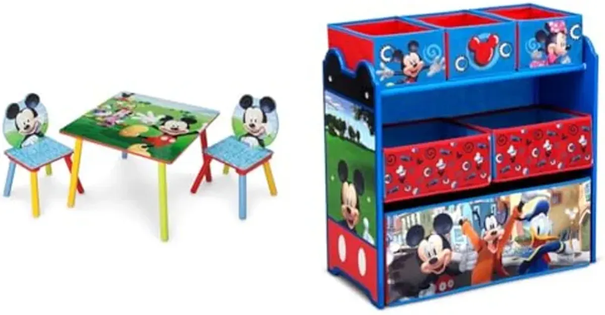 Delta Children Kids Table and Chair Set (2 Chairs Included) - Ideal for Arts & Crafts, Snack Time & Disney Mickey Mouse 6 Bin Design and Store Toy Organizer