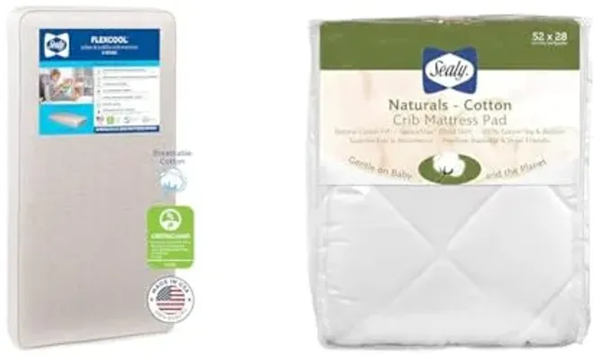 SEALY Flex Cool Breathable Hypoallergenic 2-Stage Dual Firm Waterproof Baby Crib Mattress & Toddler Bed Mattress & Naturals Cotton Waterproof Fitted Toddler Bed and Baby Crib Mattress Pad Cover