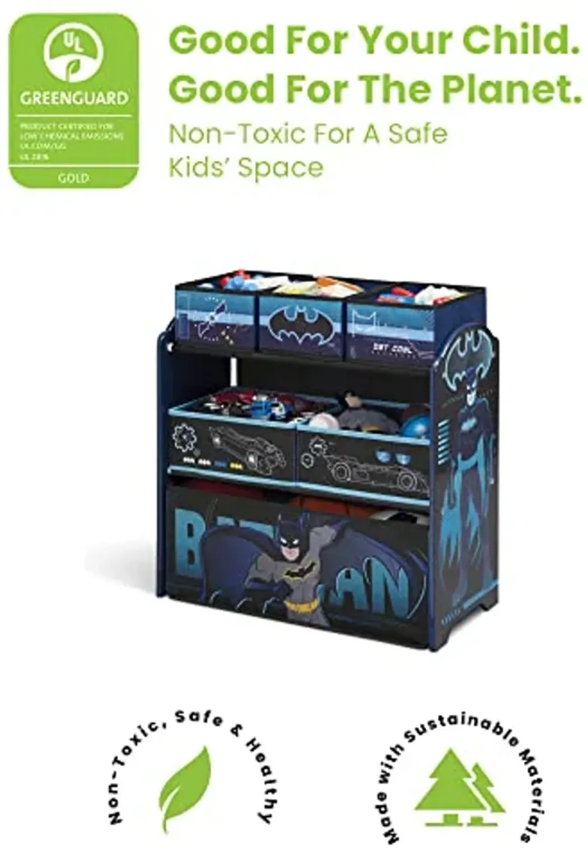 Delta Children Batman Cozee Flip-Out Sofa - 2-in-1 Convertible Sofa to Lounger for Kids Design & Store 6 Bin Toy Storage Organizer, Batman,Engineered Wood