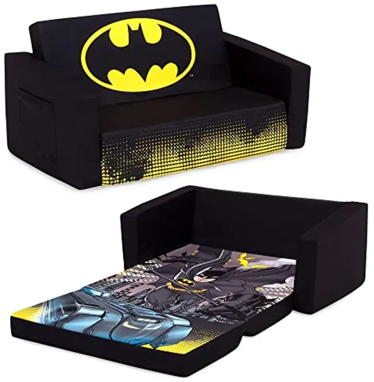 Delta Children Batman Cozee Flip-Out Sofa - 2-in-1 Convertible Sofa to Lounger for Kids Design & Store 6 Bin Toy Storage Organizer, Batman,Engineered Wood