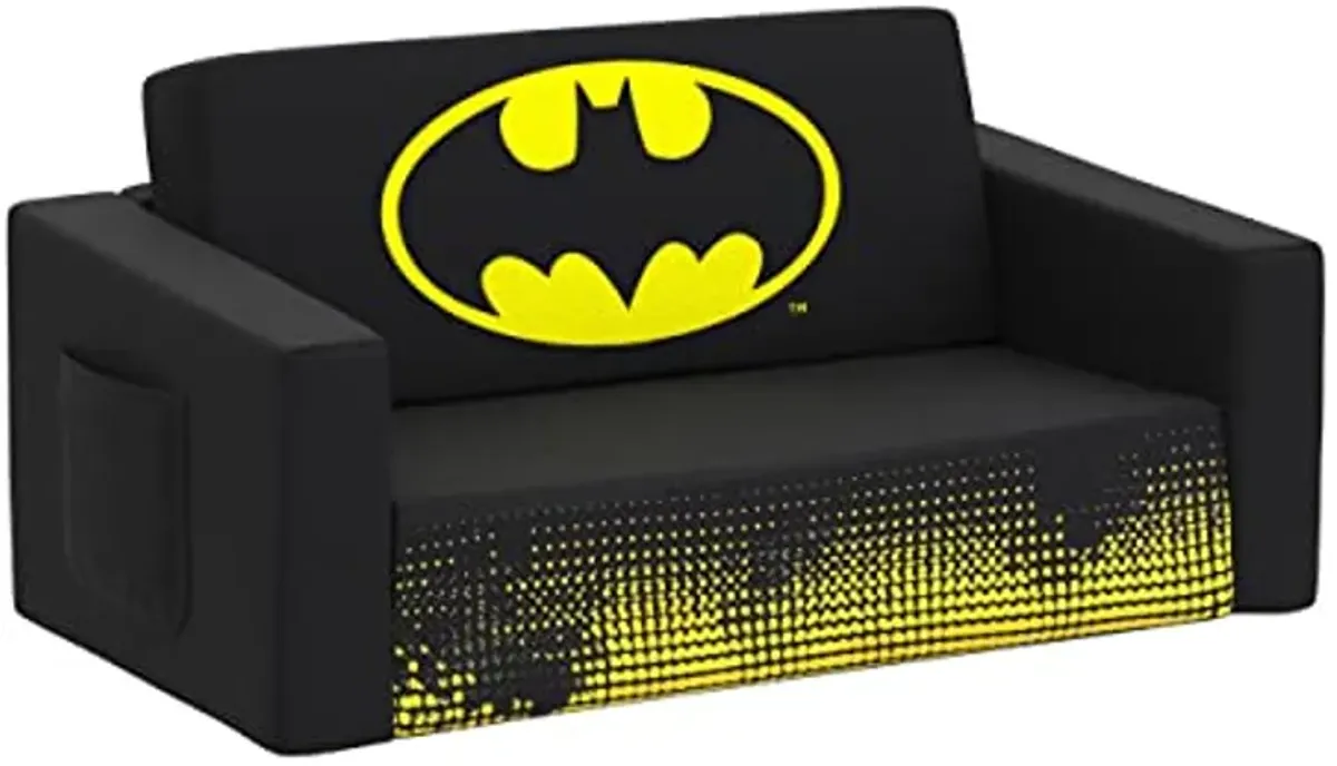 Delta Children Batman Cozee Flip-Out Sofa - 2-in-1 Convertible Sofa to Lounger for Kids Design & Store 6 Bin Toy Storage Organizer, Batman,Engineered Wood