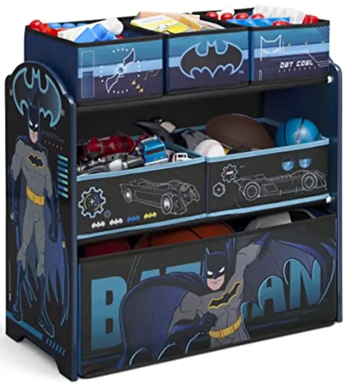 Delta Children Batman Cozee Flip-Out Sofa - 2-in-1 Convertible Sofa to Lounger for Kids Design & Store 6 Bin Toy Storage Organizer, Batman,Engineered Wood