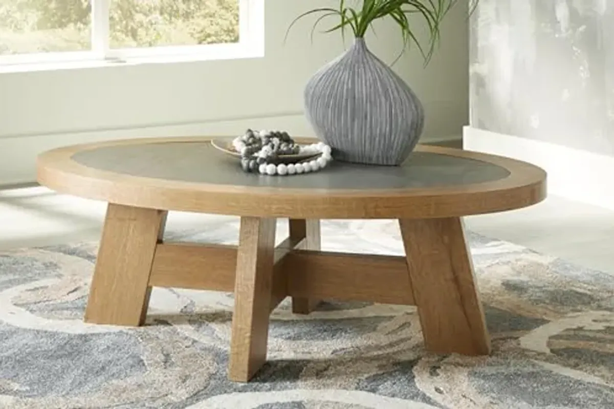 Signature Design by Ashley Brinstead Casual Coffee Table with Insert Faux Cement Melamine Top, Light Brown & Gray