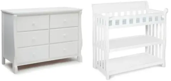 Delta Children Universal 6 Drawer Dresser with Interlocking Drawers - Greenguard Gold Certified, White & Eclipse Changing Table with Changing Pad, White
