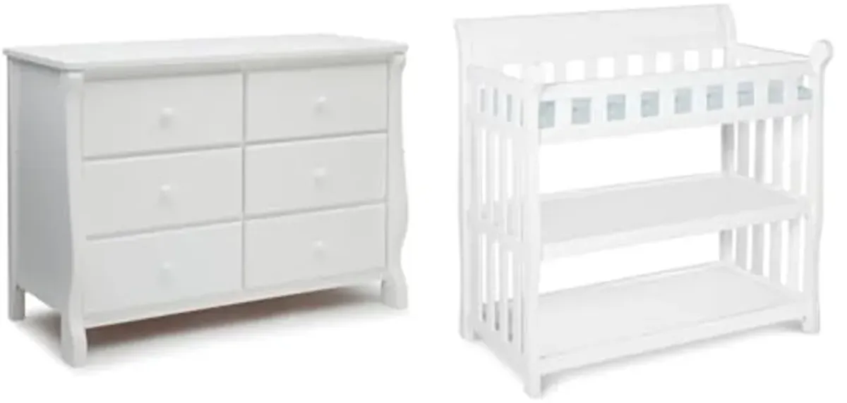 Delta Children Universal 6 Drawer Dresser with Interlocking Drawers - Greenguard Gold Certified, White & Eclipse Changing Table with Changing Pad, White