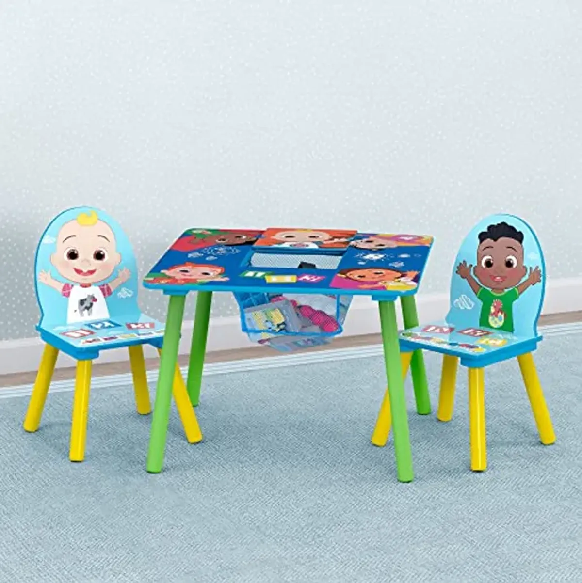 Delta Children Kids Table and Chair Set with Storage (2 Chairs Included) & Upholstered Chair, Wood CoComelon