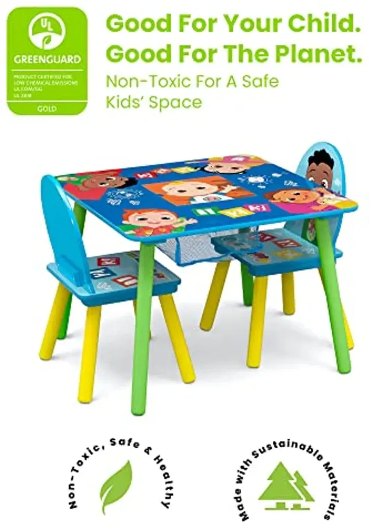 Delta Children Kids Table and Chair Set with Storage (2 Chairs Included) & Upholstered Chair, Wood CoComelon