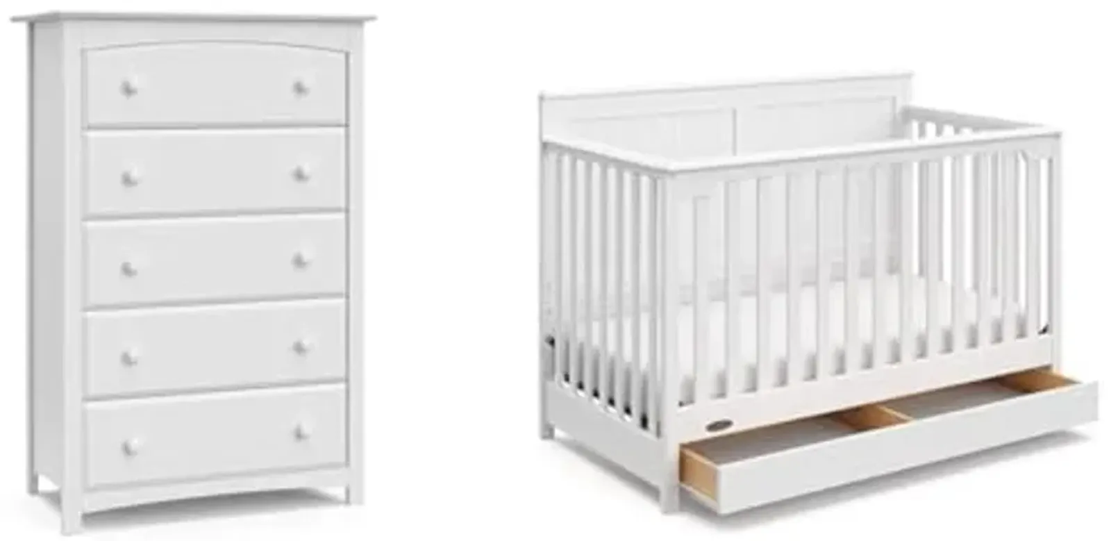 STORKCRAFT Kenton 5 Drawer Dresser (White) for Kids Bedroom, Nursery Dresser Organizer & Graco Hadley 5-in-1 Convertible Crib with Drawer (White) – GREENGUARD Gold Certified