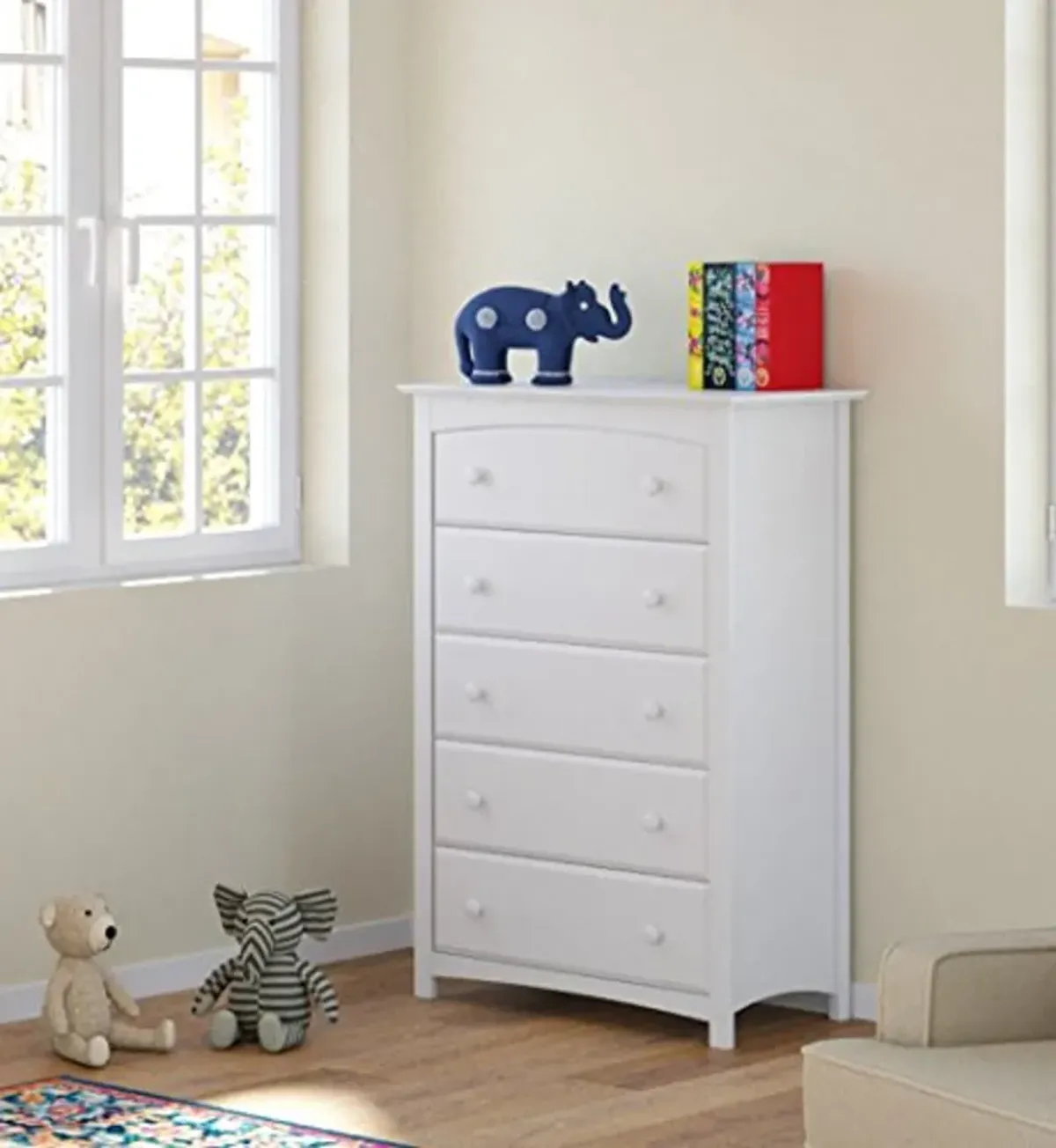 STORKCRAFT Kenton 5 Drawer Dresser (White) for Kids Bedroom, Nursery Dresser Organizer & Hoop Glider and Ottoman Cushions, White with Light Gray