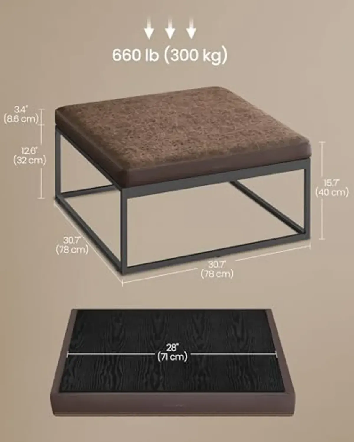 SONGMICS HOME LUIZ Collection - Ottoman, Square Coffee Table, Footstool, Reversible Top, Padded Seat, Side Table, Minimalist, Steel Frame, Max. Load 660 lb, for Living Room, Walnut Brown ULOM077K01