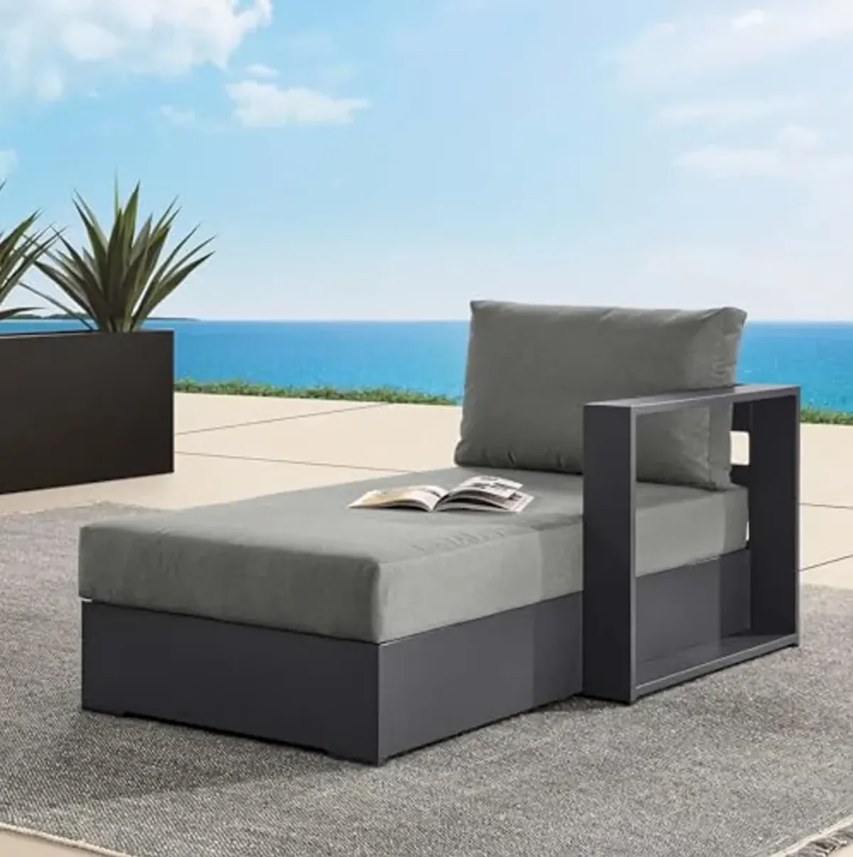 Modway Tahoe Powder-Coated Aluminum Outdoor Gray Charcoal with Weather-Resistant Cushions, Modular Patio Lounger for Pool Furniture or Sectional Sofa Set, Right-Facing Chaise Lounge