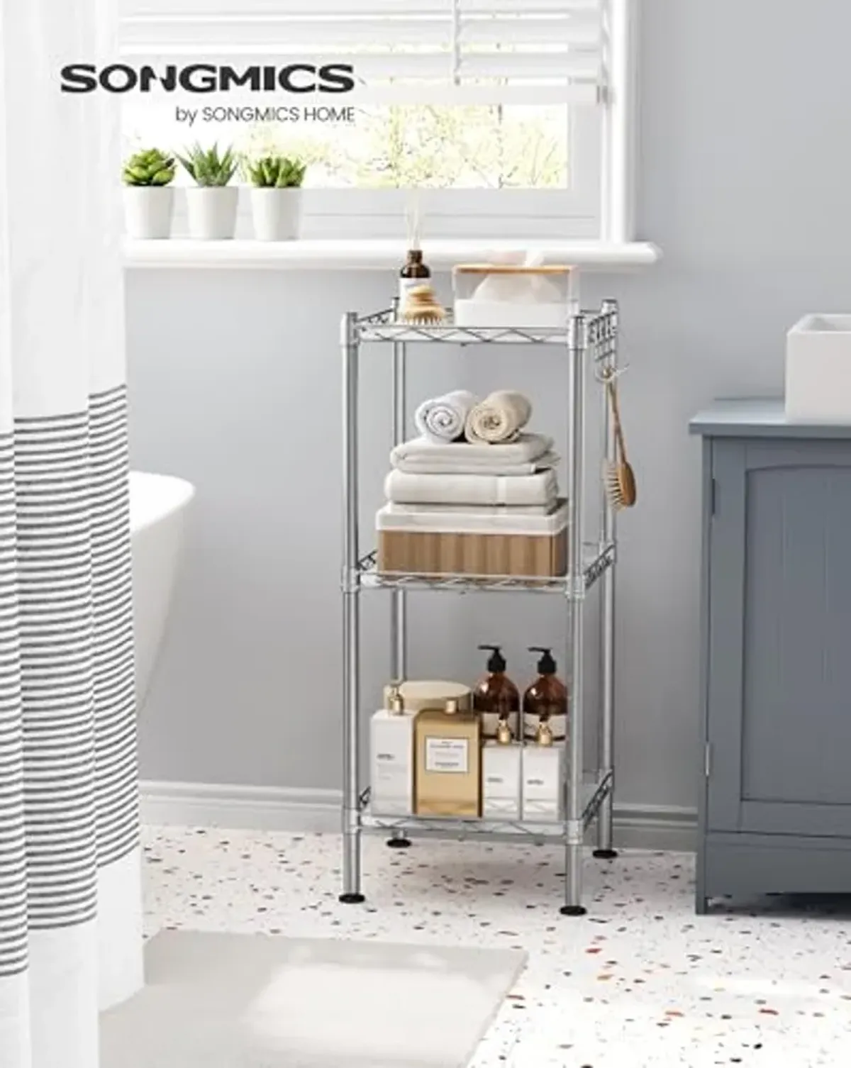 SONGMICS 3-Tier Bathroom Shelf, Storage Rack for Small Space, with 3 PP Shelf Liners, Removable Hook, Extendable Design, Silver and Translucent ULGR103E01