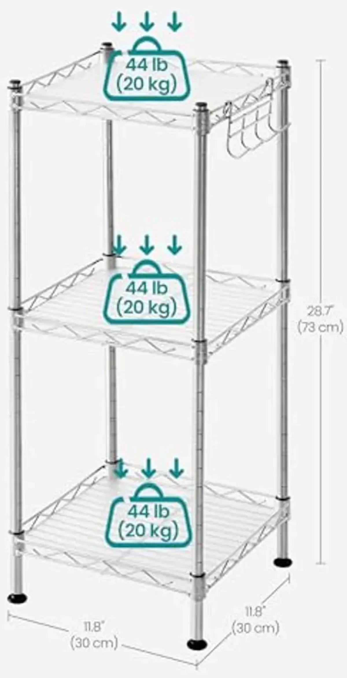 SONGMICS 3-Tier Bathroom Shelf, Storage Rack for Small Space, with 3 PP Shelf Liners, Removable Hook, Extendable Design, Silver and Translucent ULGR103E01