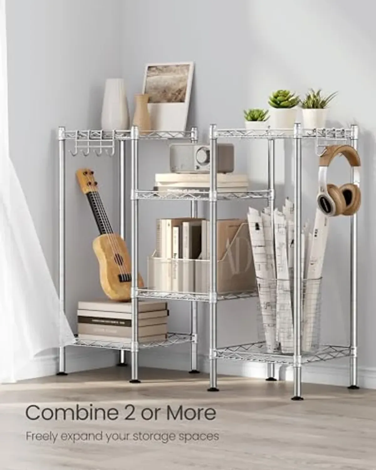 SONGMICS 3-Tier Bathroom Shelf, Storage Rack for Small Space, with 3 PP Shelf Liners, Removable Hook, Extendable Design, Silver and Translucent ULGR103E01