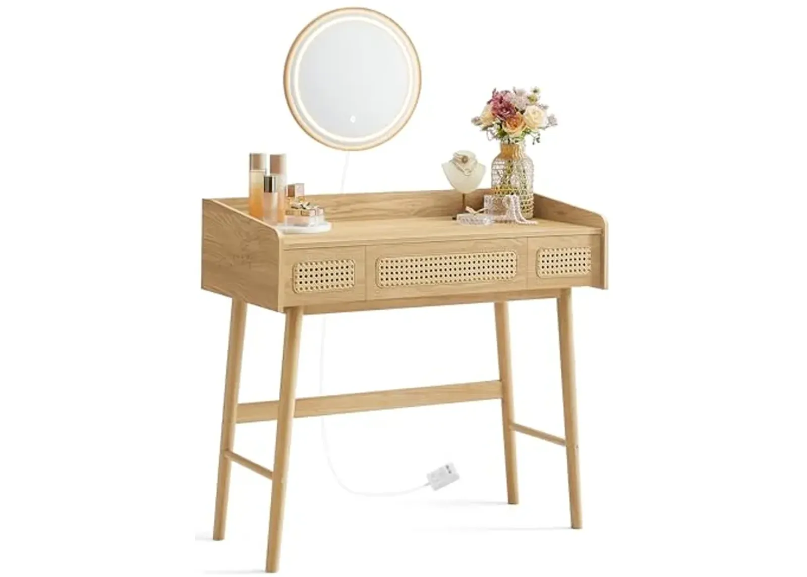 SONGMICS HOME BOHOVEN Collection - Vanity Desk with Mirror and Lights, Makeup Vanity with 3 Rattan-Like Drawers, Touch Control Light with 3 Color Hues, Dimmable, Boho Style, for Bedroom, Oak Beige