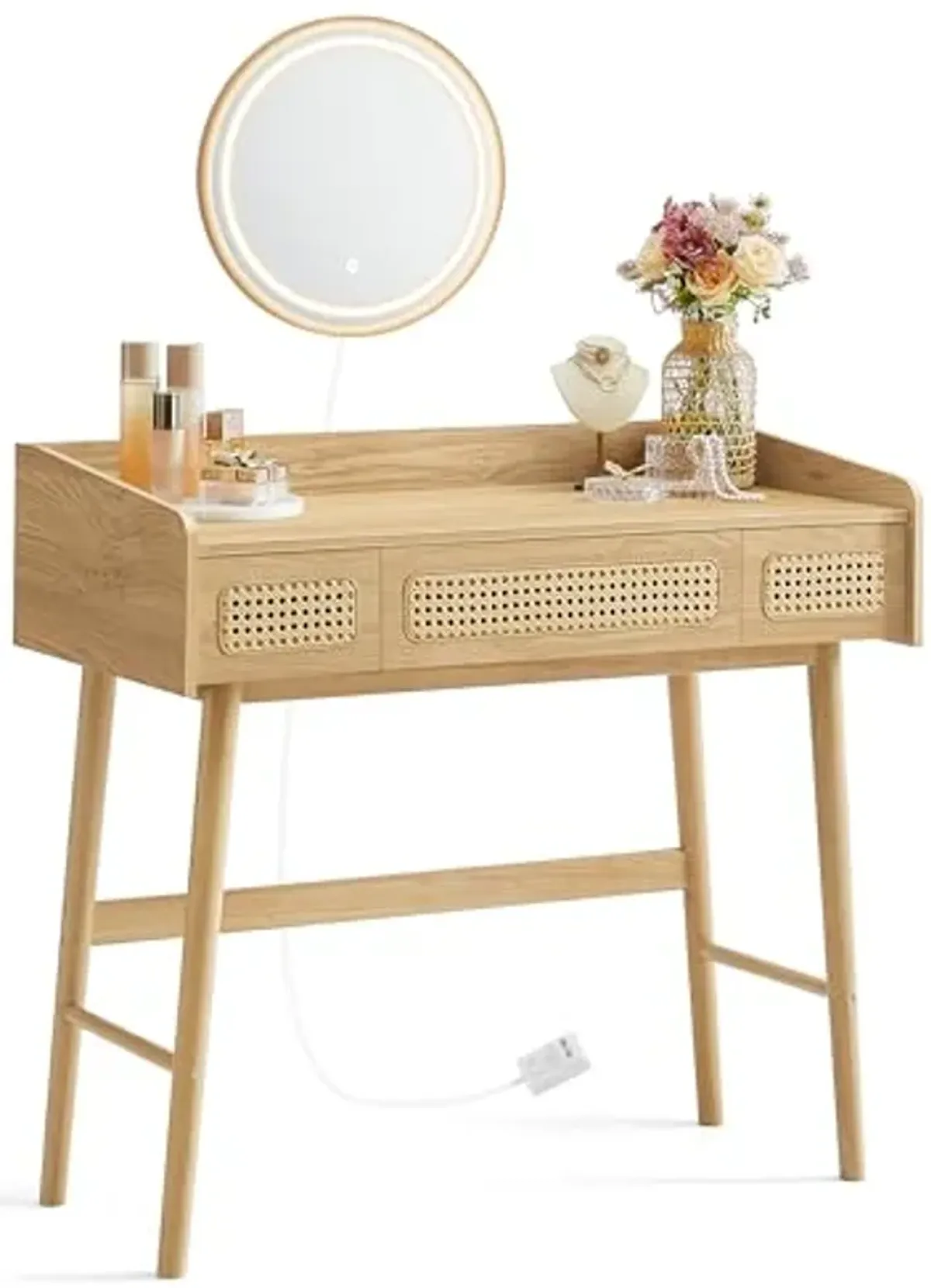 SONGMICS HOME BOHOVEN Collection - Vanity Desk with Mirror and Lights, Makeup Vanity with 3 Rattan-Like Drawers, Touch Control Light with 3 Color Hues, Dimmable, Boho Style, for Bedroom, Oak Beige