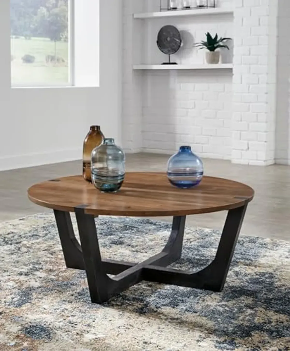 Signature Design by Ashley Hanneforth Farmhouse Coffee Table with Angled Solid Wood Legs, Light Brown & Black