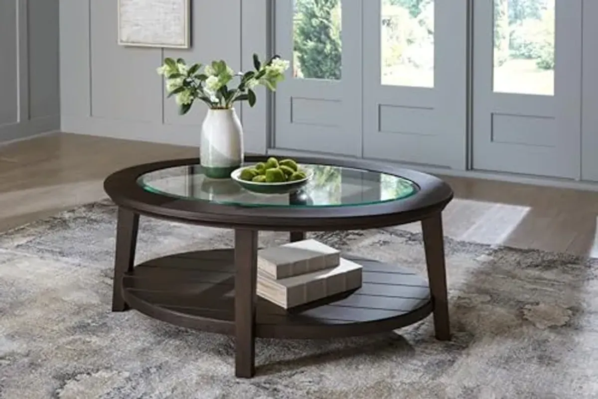 Signature Design by Ashley Celamar Farmhouse Coffee Table with Tempered Glass Tabletop and Lower Shelf, Dark Brown & Glass