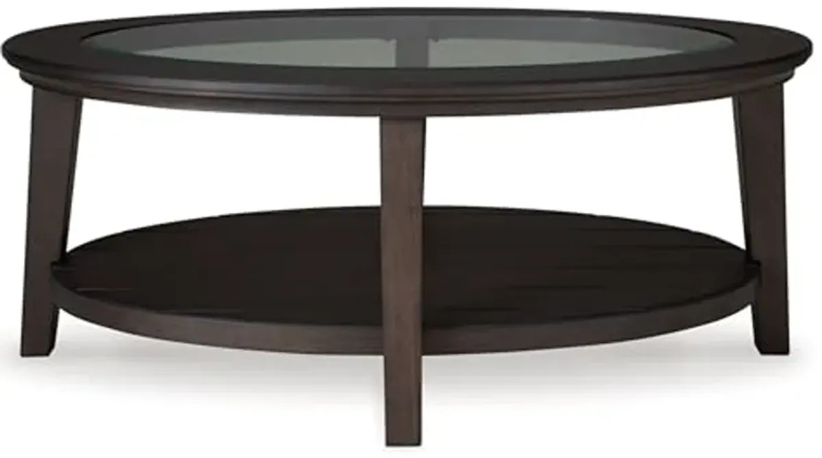 Signature Design by Ashley Celamar Farmhouse Coffee Table with Tempered Glass Tabletop and Lower Shelf, Dark Brown & Glass