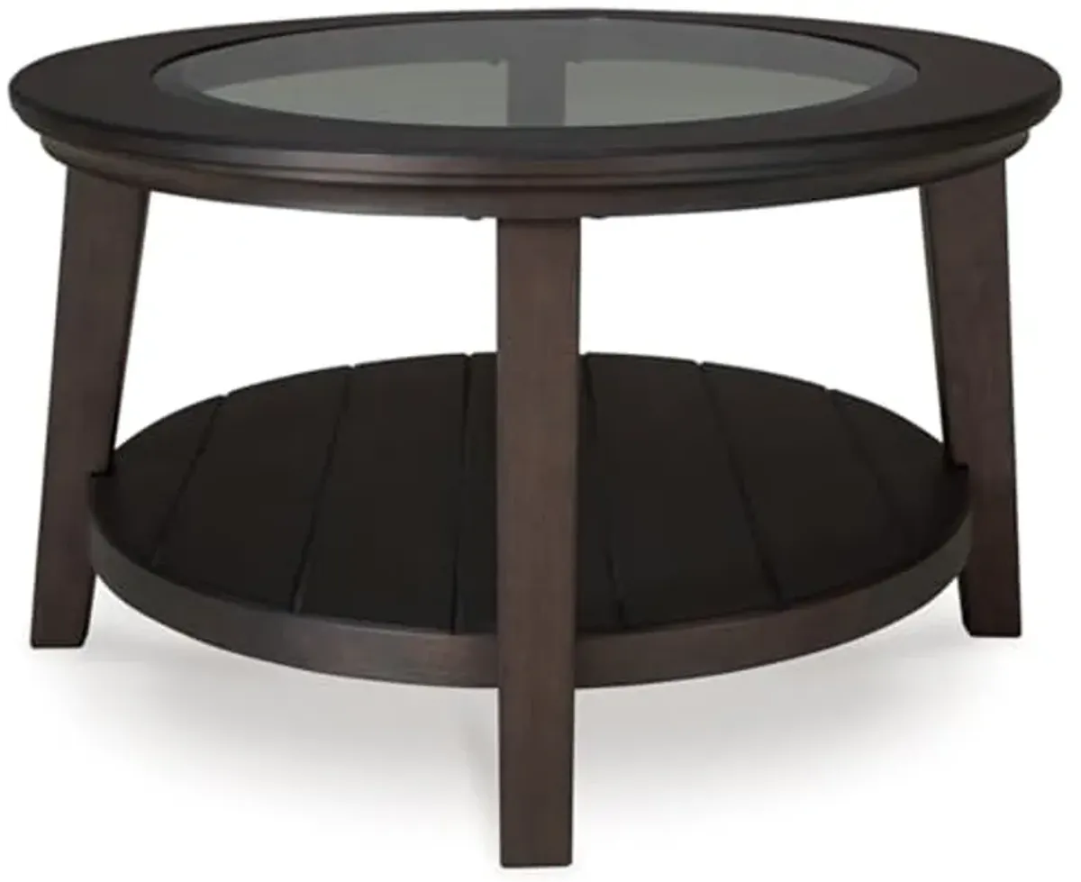 Signature Design by Ashley Celamar Farmhouse Coffee Table with Tempered Glass Tabletop and Lower Shelf, Dark Brown & Glass