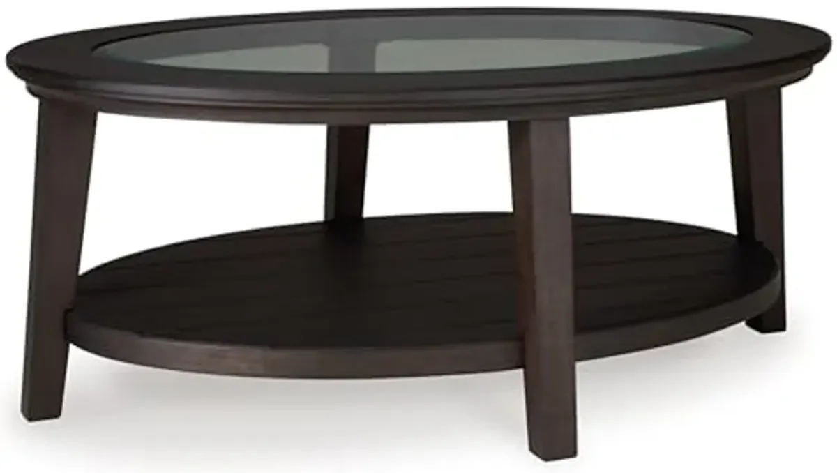 Signature Design by Ashley Celamar Farmhouse Coffee Table with Tempered Glass Tabletop and Lower Shelf, Dark Brown & Glass