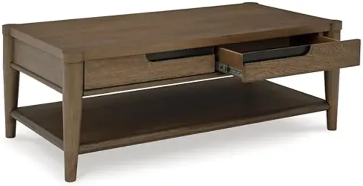 Signature Design by Ashley Roanhowe Contemporary 2-Drawer Coffee Table with Open Lower Shelf and Tapered Legs, Dark Brown