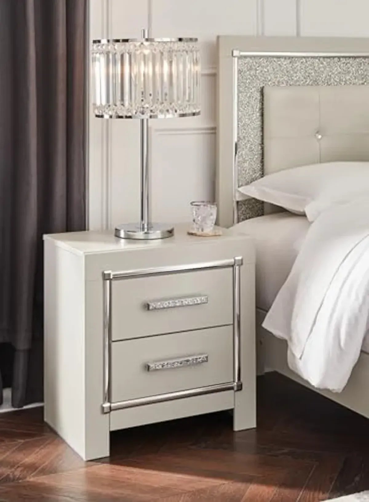 Signature Design by Ashley Zyniden Glam 2 Drawer Nightstand with Wireless Charging and USB Ports, 24.45" Tall, Beige & Chrome