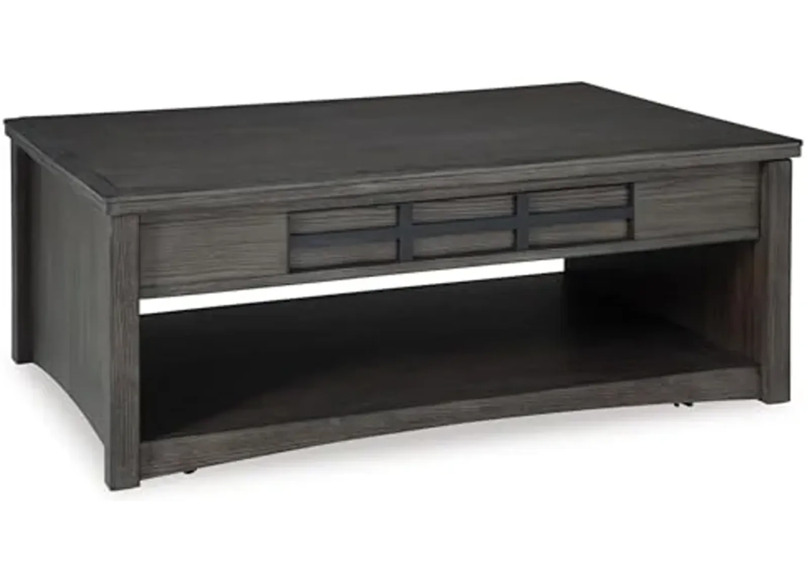 Signature Design by Ashley Montillan Casual Lift-Top Coffee Table with 2 Storage Bins, 1 Open Shelf and Casters, Dark Brown