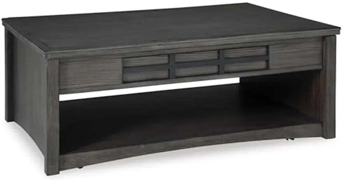 Signature Design by Ashley Montillan Casual Lift-Top Coffee Table with 2 Storage Bins, 1 Open Shelf and Casters, Dark Brown