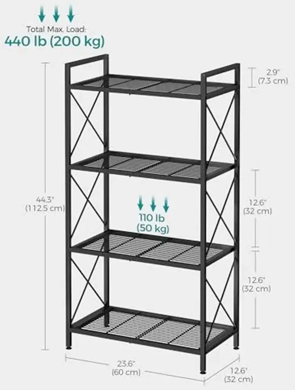 SONGMICS 4-Tier Metal Storage Rack, Shelving Unit with X Side Frames, Dense Mesh, 12.6 x 23.6 x 44.3 Inches, for Entryway, Kitchen, Living Room, Bathroom, Industrial Style, Ink Black UBSC164B01
