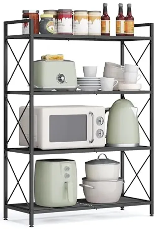 SONGMICS 4-Tier Metal Storage Rack, Shelving Unit with X Side Frames, Dense Mesh, 12.6 x 31.5 x 44.3 Inches, for Entryway, Kitchen, Living Room, Bathroom, Industrial Style, Ink Black UBSC184B01