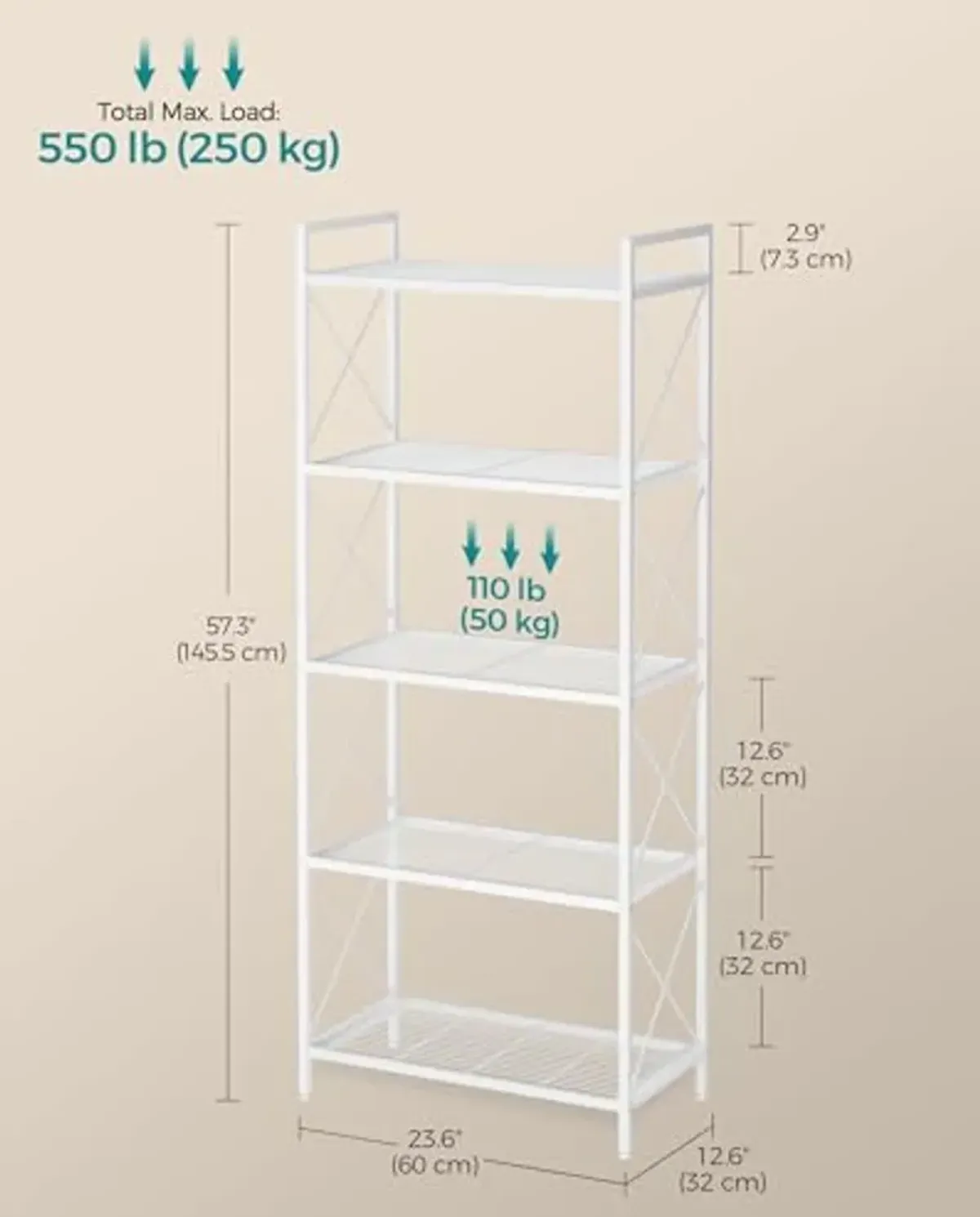 SONGMICS 5-Tier Metal Storage Rack, Shelving Unit with X Side Frames, Dense Mesh, 12.6 x 23.6 x 57.3 Inches, for Entryway, Kitchen, Living Room, Bathroom, Industrial Style, Cloud White UBSC165W01