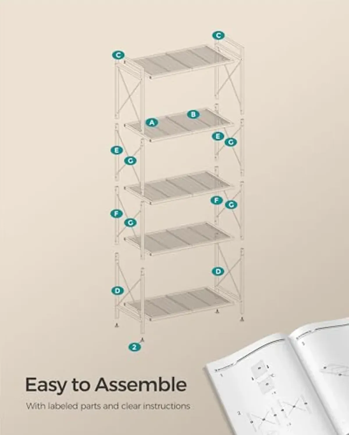 SONGMICS 5-Tier Metal Storage Rack, Shelving Unit with X Side Frames, Dense Mesh, 12.6 x 23.6 x 57.3 Inches, for Entryway, Kitchen, Living Room, Bathroom, Industrial Style, Cloud White UBSC165W01