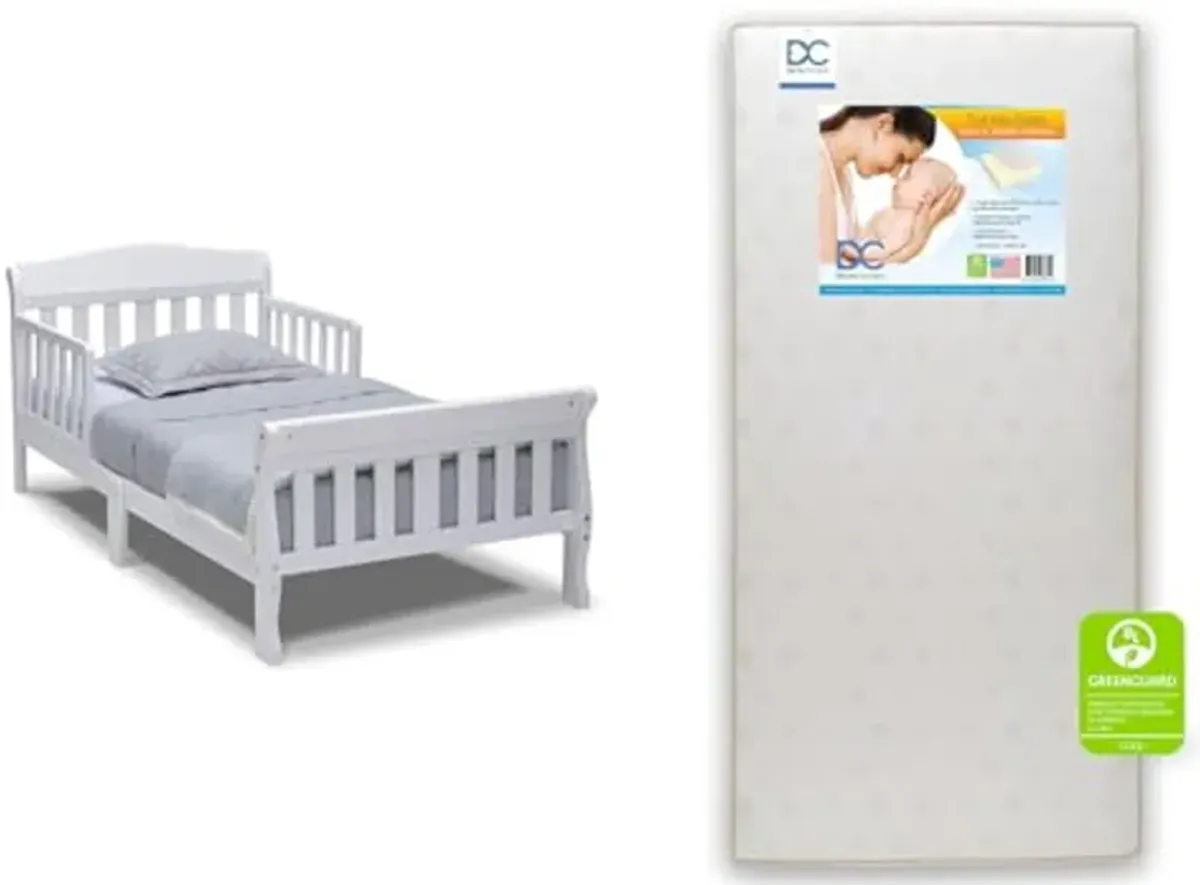 Delta Children Canton Toddler Bed, White & Twinkle Stars Dual Sided - 6" Premium Sustainably Sourced Fiber Core Crib and Toddler Mattress - Waterproof - GREENGUARD Gold Certified - 7 Year Warranty