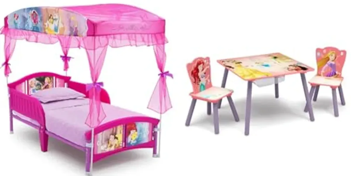 Delta Children Canopy Toddler Bed, Disney Princess & Kids Table and Chair Set with Storage (2 Chairs Included) - Ideal for Arts & Crafts, Snack Time, Homeschooling, Homework & More, Disney Princess