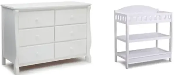 Delta Children Universal 6 Drawer Dresser with Interlocking Drawers - Greenguard Gold Certified, White & Infant Changing Table with Pad, White